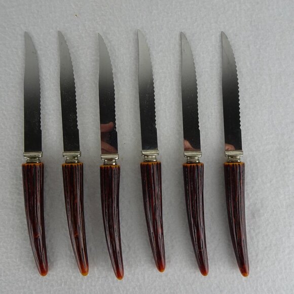6 REGENT SHEFFIELD Steak Knives Stainless Blade Faux Antler Handle Original Box - Picture 9 of 14